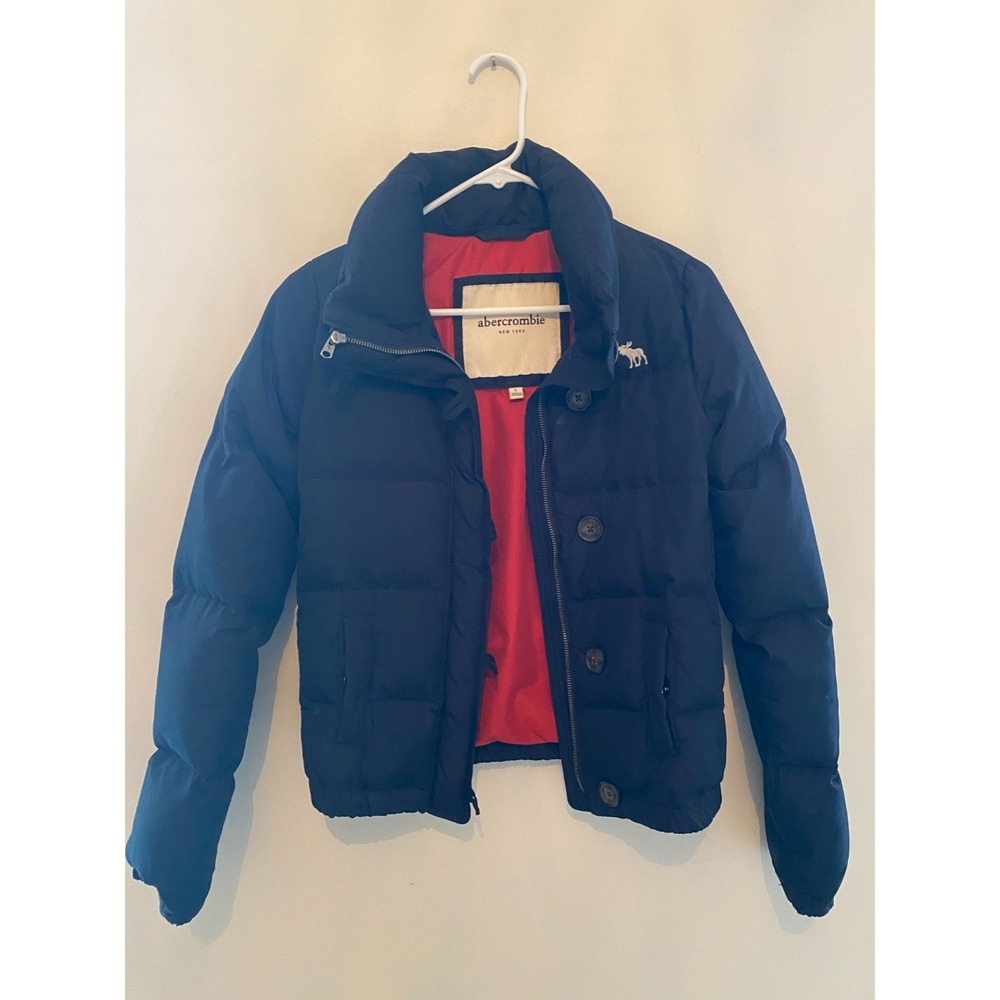 Abercrombie & Fitch Girls Puffer Jacket Navy Blue Hooded Winter Coat Size L
